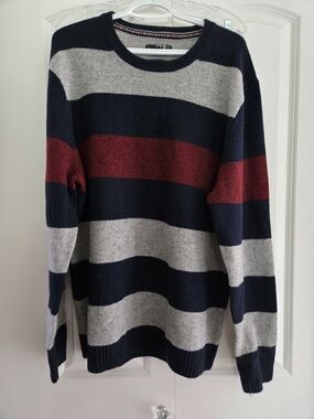 Le 31 Wool Men's Navy, Gray & Burgundy Striped Crewneck Sweater XXL